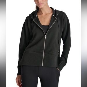Women’s DKNY black size small hooded jacket pocket measures 21 pit 23 down